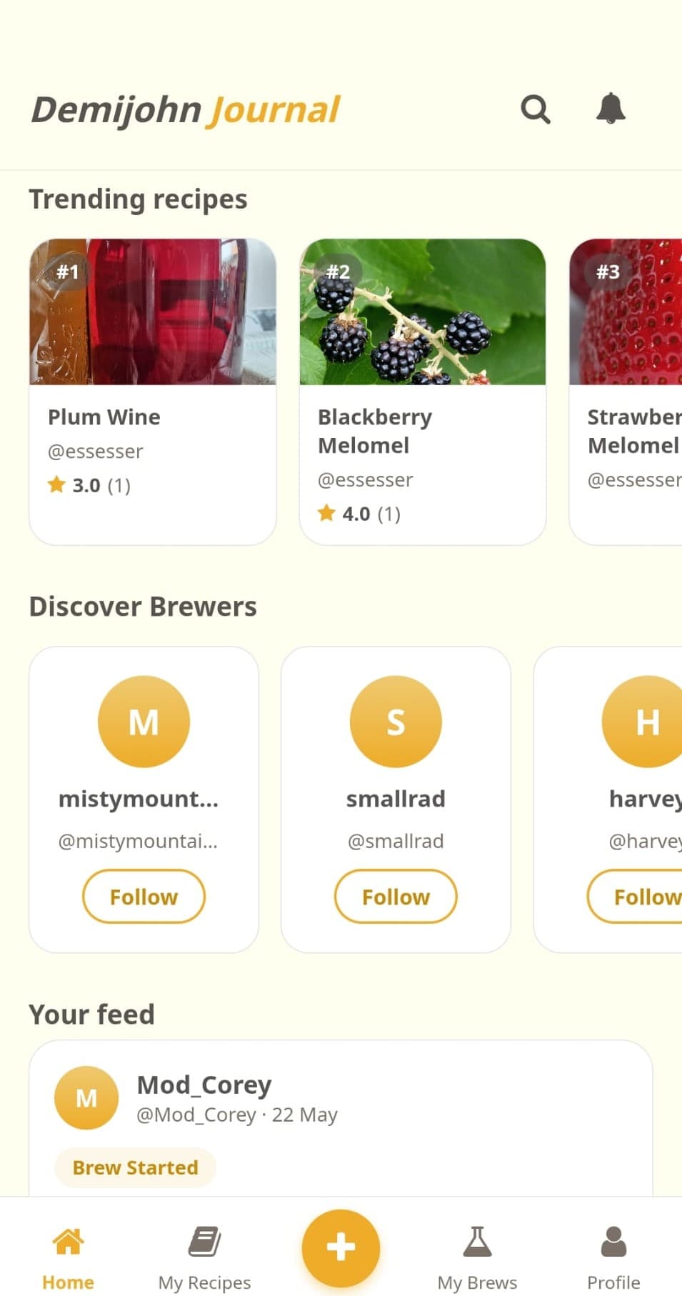The Demijohn Journal app home feed, showing trending recipes and brewers to follow