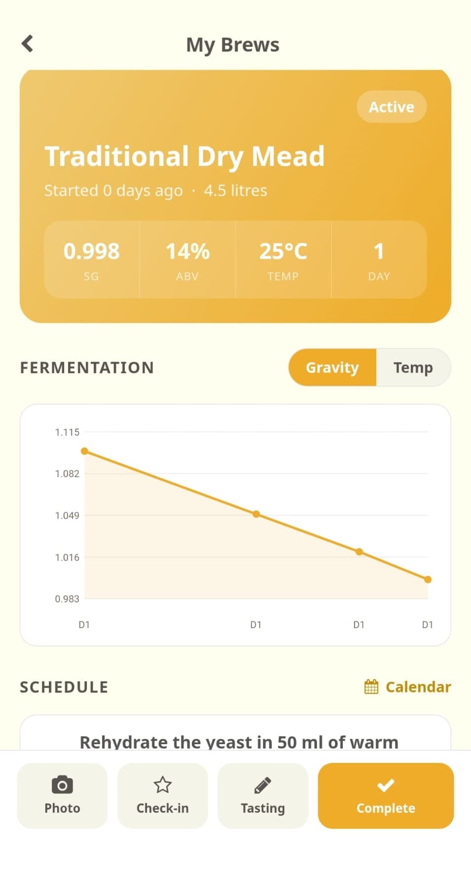A brew in Demijohn Journal with gravity readings plotted on a chart and the ABV worked out